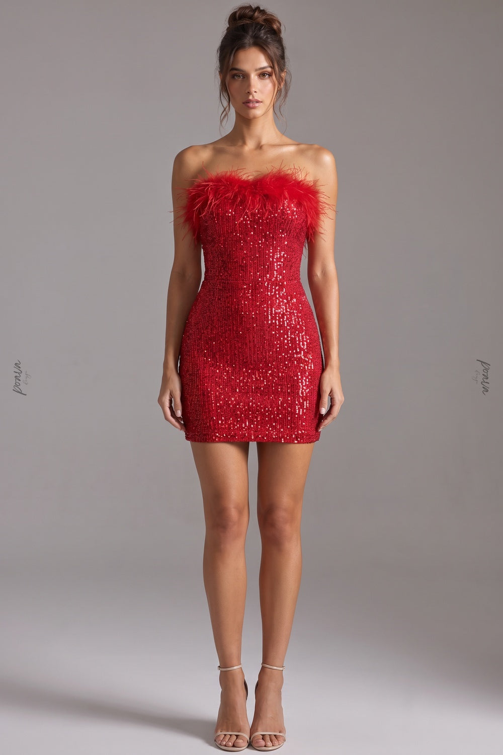 Red Sequined Strapless Bodycon Mini Dress Flowering Girl
