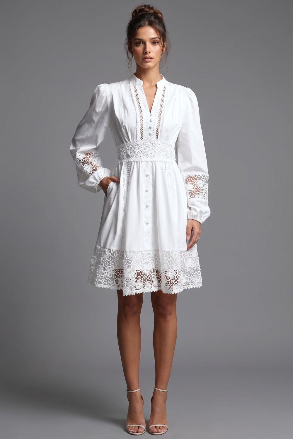 White Cotton Poplin Fit-and-Flare Dress with Lace Inserts Flowering Girl