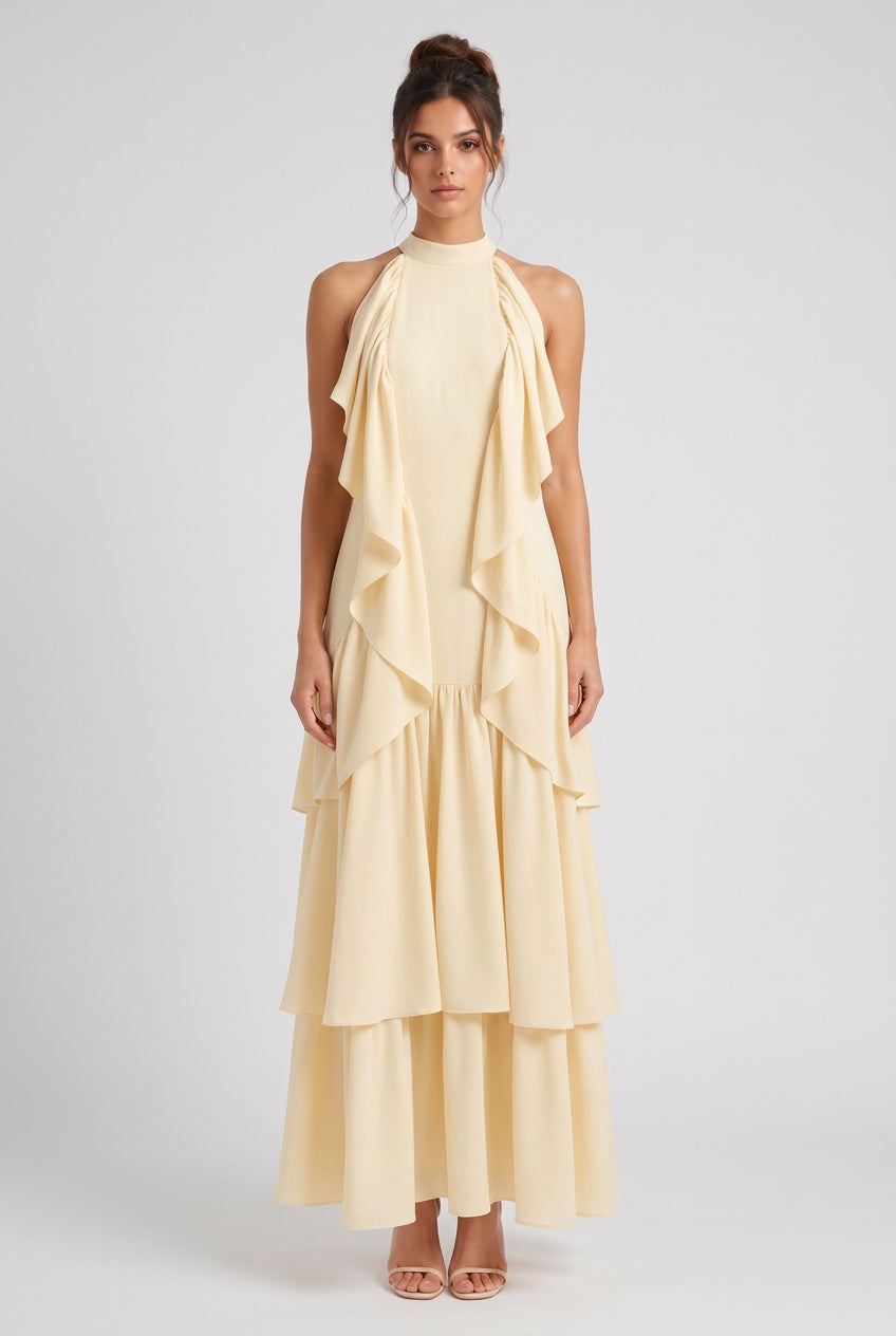 Pale Yellow Tiered A-Line Maxi Dress with Cascading Ruffles Flowering Girl
