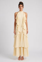 Pale Yellow Tiered A-Line Maxi Dress with Cascading Ruffles Flowering Girl