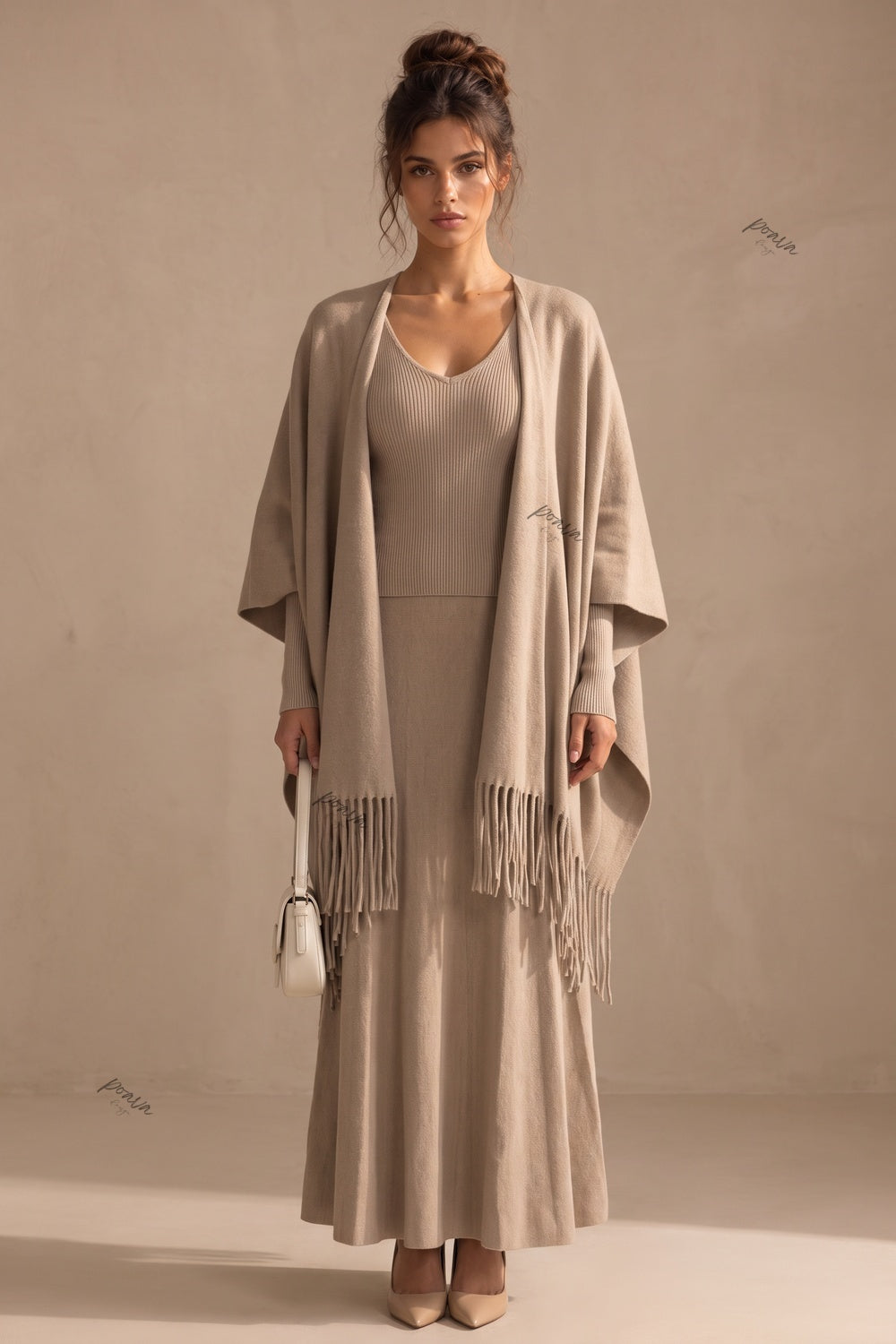 Beige Ribbed Knit Two-Piece Dress and Fringed Shawl Set Flowering Girl