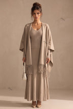 Beige Ribbed Knit Two-Piece Dress and Fringed Shawl Set Flowering Girl