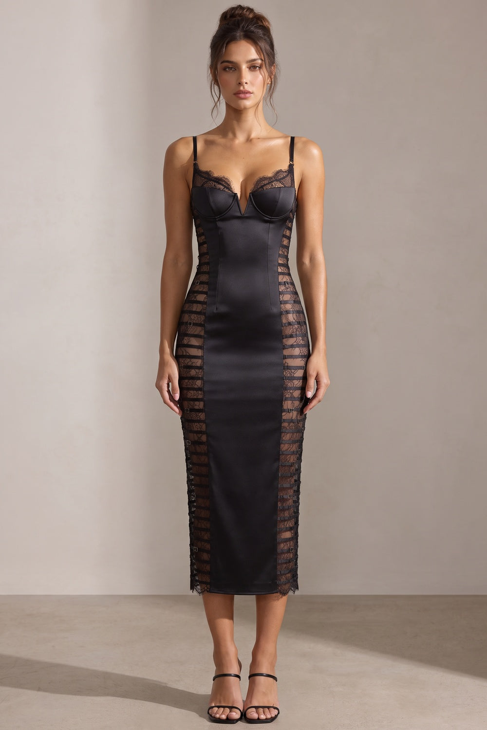 Black Satin Sheath Dress with Lace Side Panels Flowering Girl