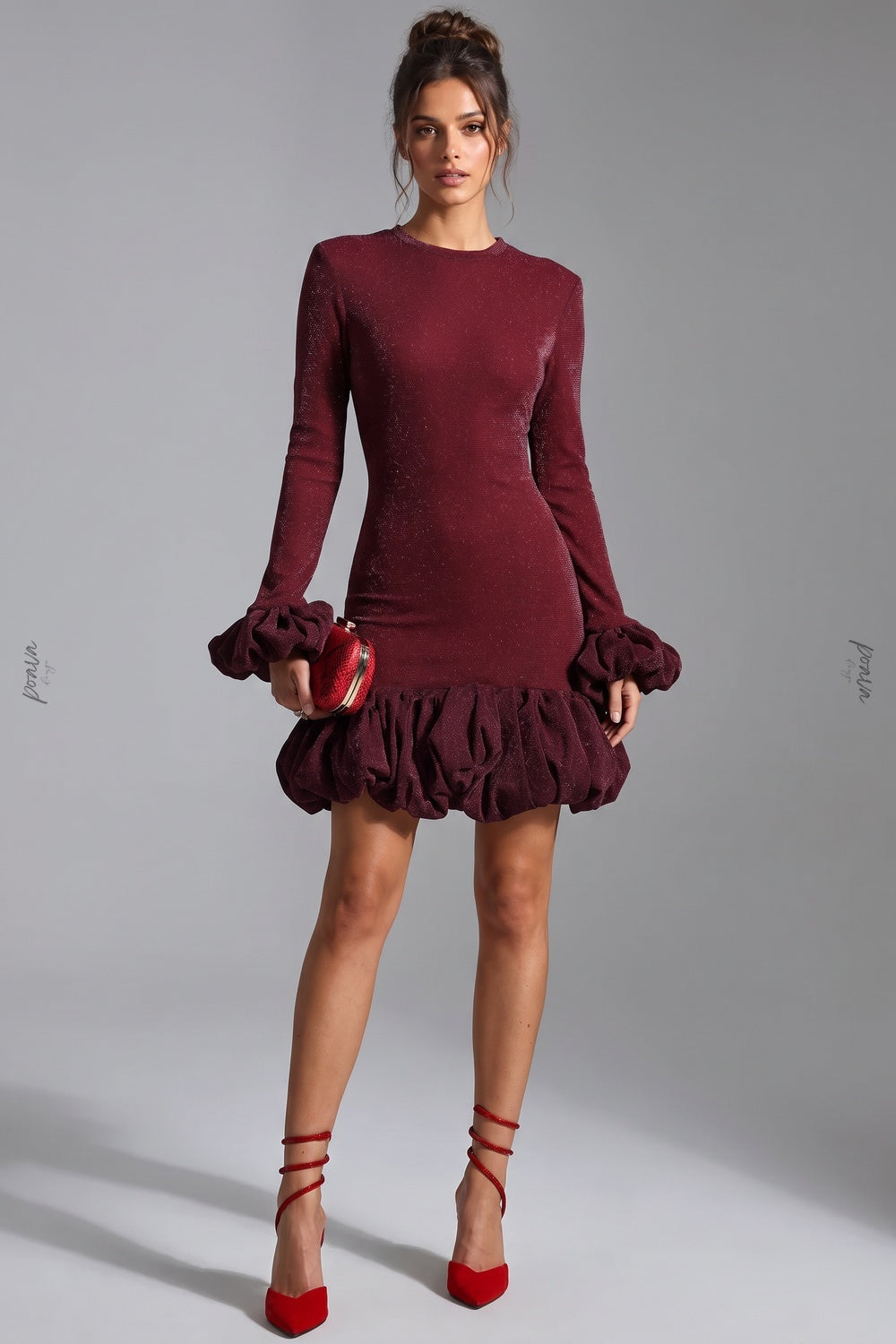 Burgundy Lurex Knit Fitted Bodycon Dress with Voluminous Bubble Hem Flowering Girl