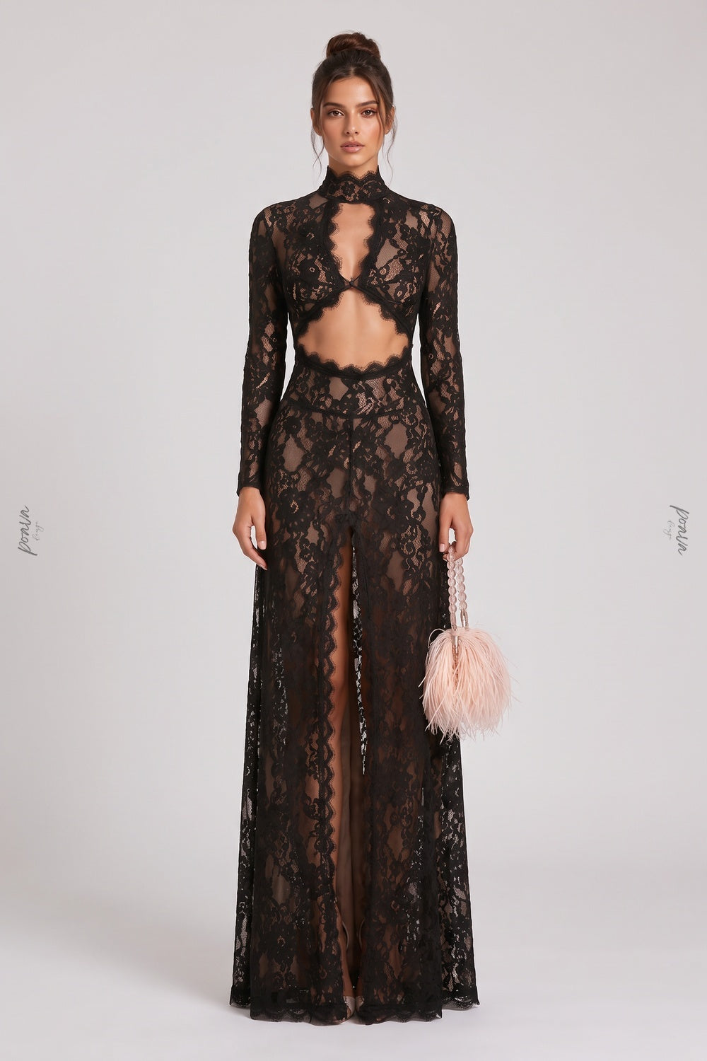 Black Floral Lace Column Gown with Front Slit and Cutouts Flowering Girl
