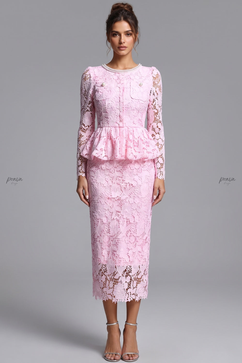Light Pink Floral Lace Two-Piece Peplum Top and Midi Pencil Skirt Set Flowering Girl