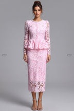 Light Pink Floral Lace Two-Piece Peplum Top and Midi Pencil Skirt Set Flowering Girl