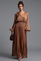 Bronze Brown Pleated Satin-Georgette Blend Maxi Dress Flowering Girl