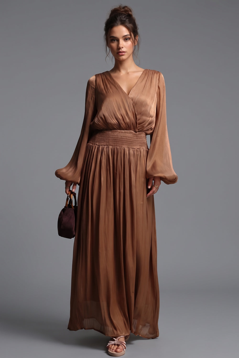 Bronze Brown Pleated Satin-Georgette Blend Maxi Dress Flowering Girl