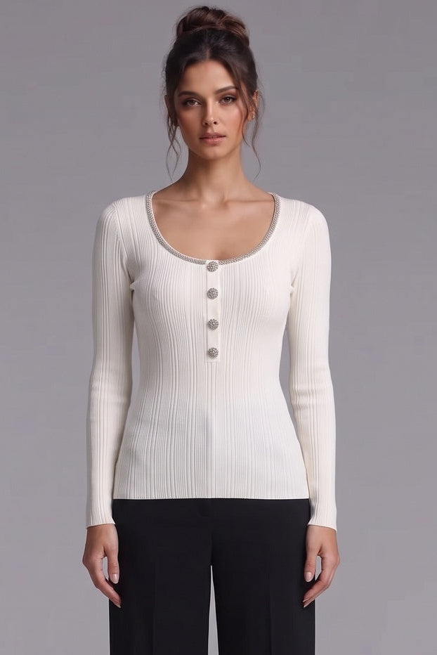 Ivory Ribbed Knit Top with Metallic Beaded Scoop Neckline Flowering Girl