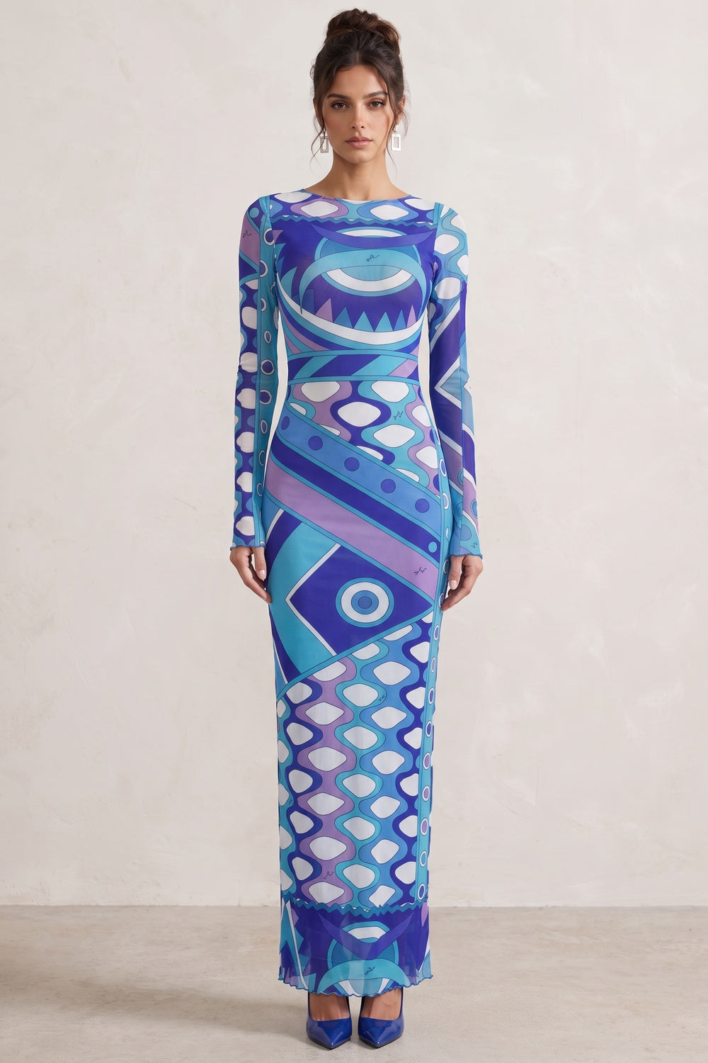 Blue Purple Geometric Abstract Column Maxi Dress in Stretch Mesh Flowering Girl