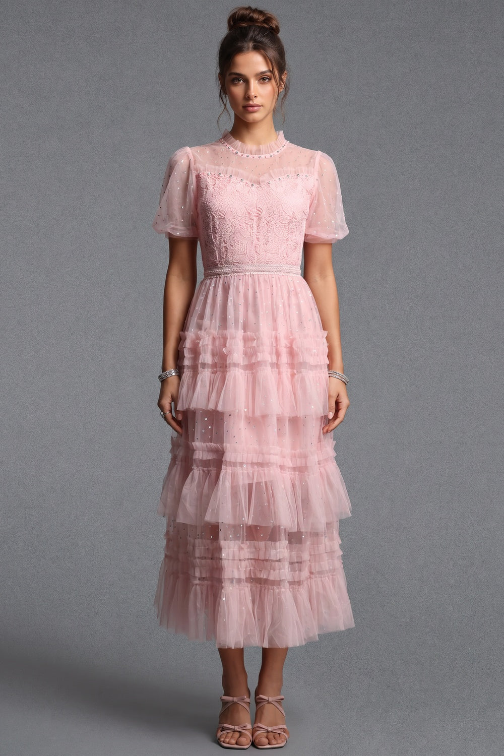 Light Pink Tulle A-Line Tiered Midi Dress Flowering Girl