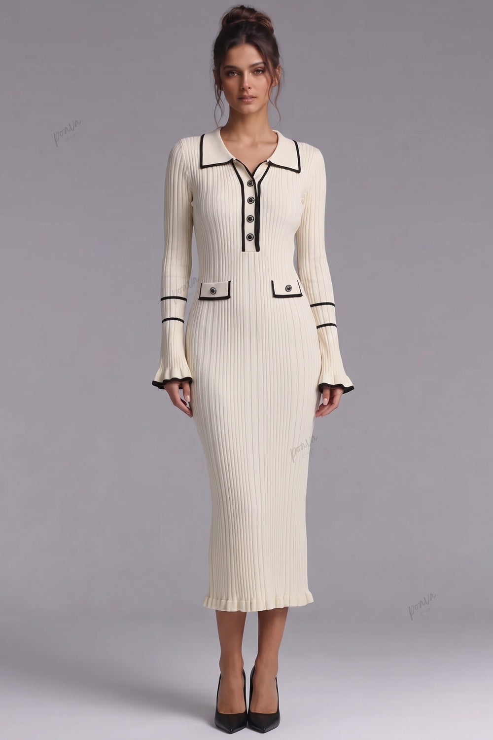Cream Ribbed Knit Column Dress with Black Contrast Trim Flowering Girl