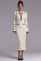 Cream Ribbed Knit Column Dress with Black Contrast Trim Flowering Girl