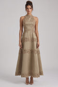 Taupe Structured Satin A-Line Midi Dress with Lace Band Detail Flowering Girl