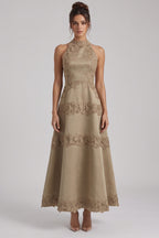 Taupe Structured Satin A-Line Midi Dress with Lace Band Detail Flowering Girl