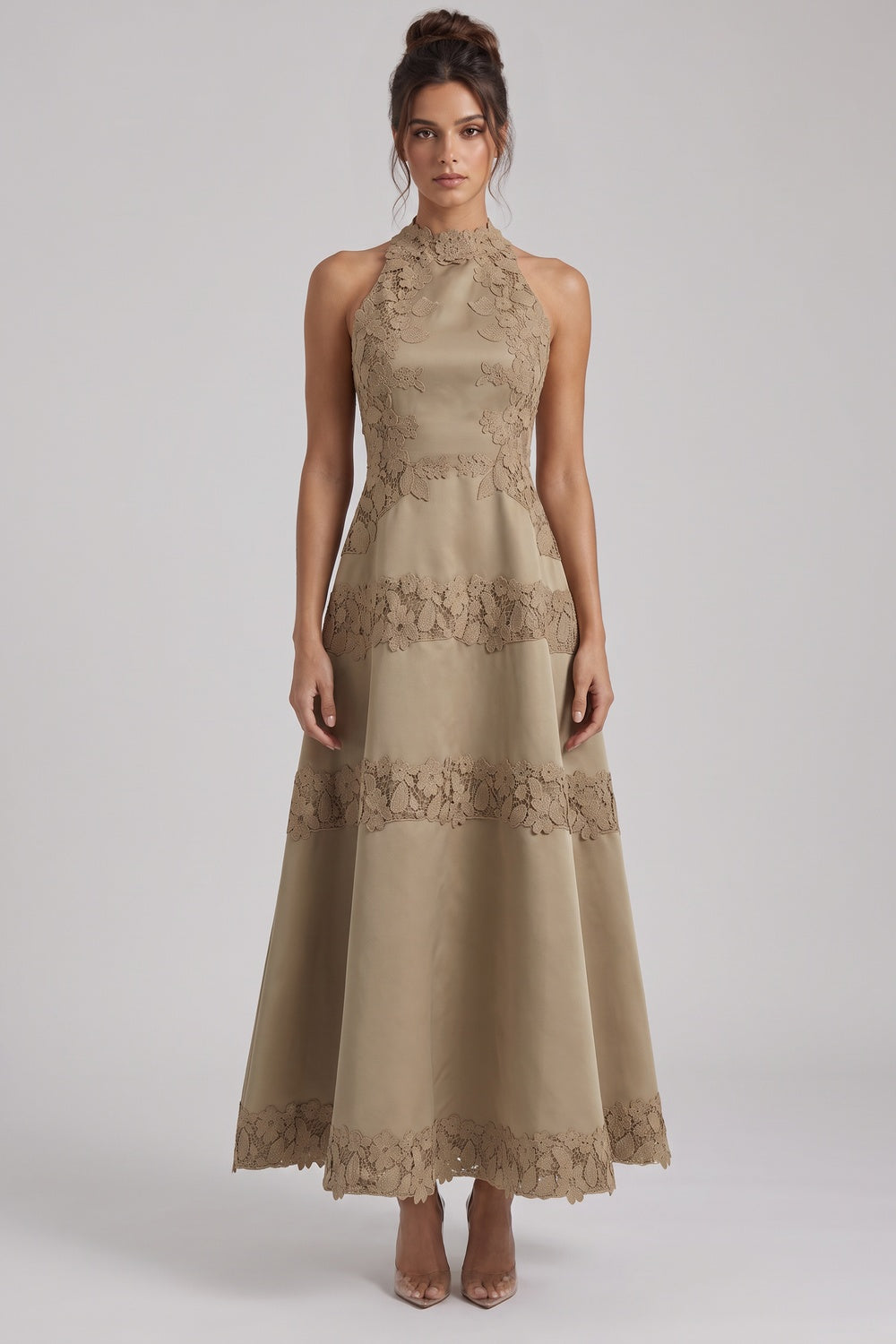 Taupe Structured Satin A-Line Midi Dress with Lace Band Detail Flowering Girl