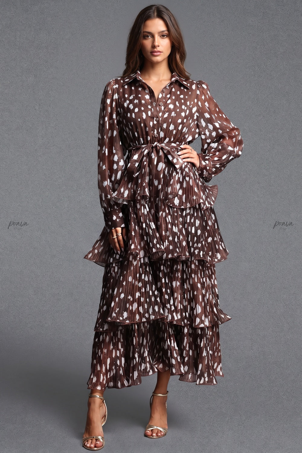 Dark Brown Sheer Chiffon Tiered Shirt Dress Flowering Girl