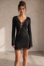 Black Fine Knit Slim-Fit Sheath Mini Dress with Lace Trim Flowering Girl