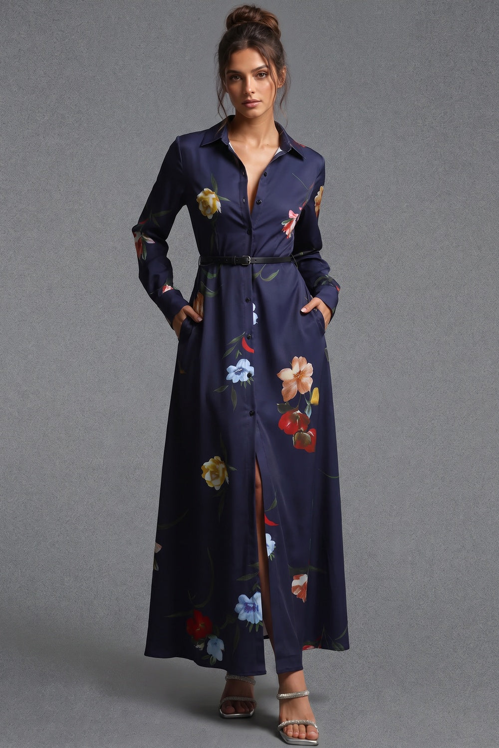 Navy Blue Floral Satin-Weave A-Line Shirt Dress Flowering Girl