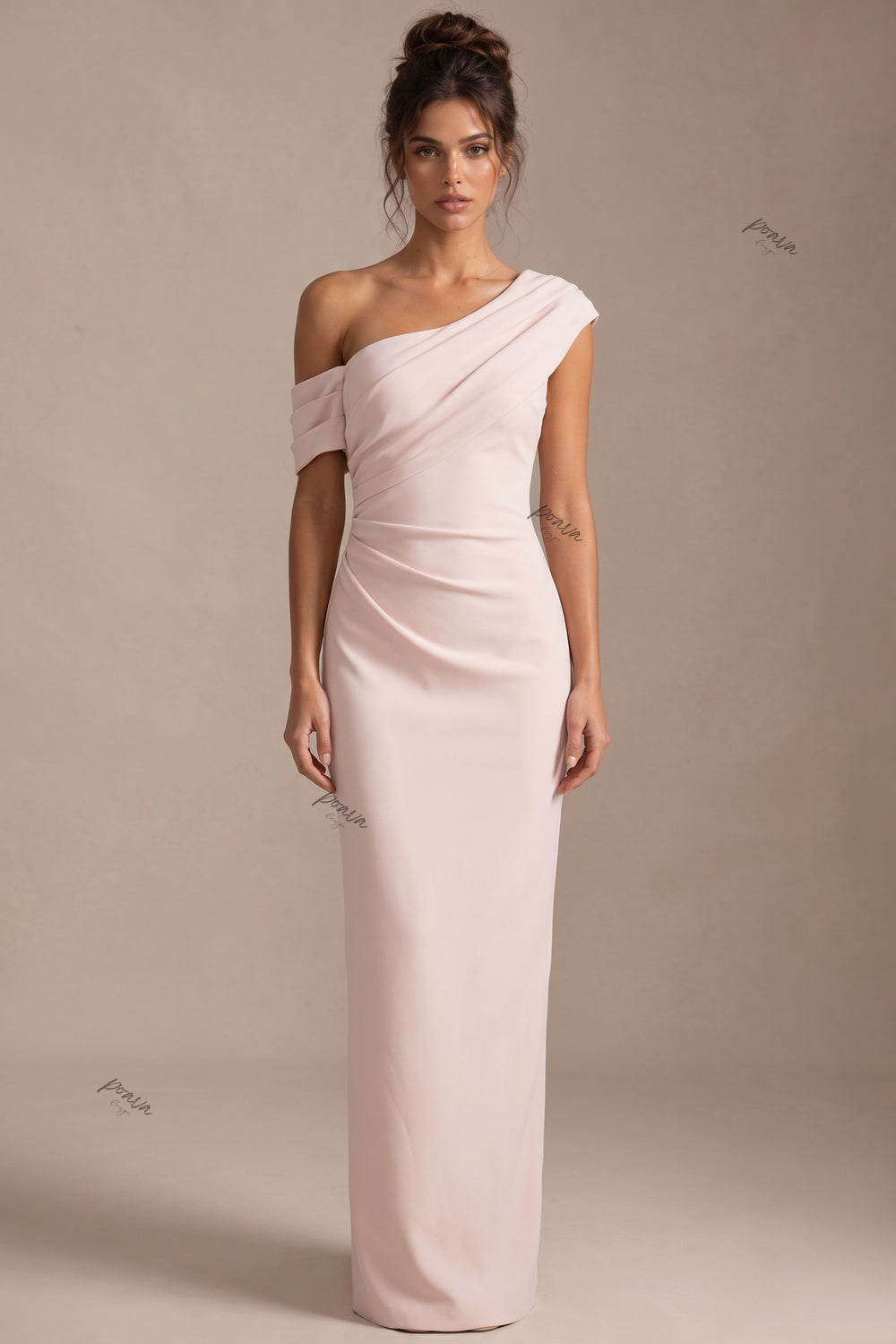 Pale Blush Pink Crepe Asymmetric Column Dress Flowering Girl