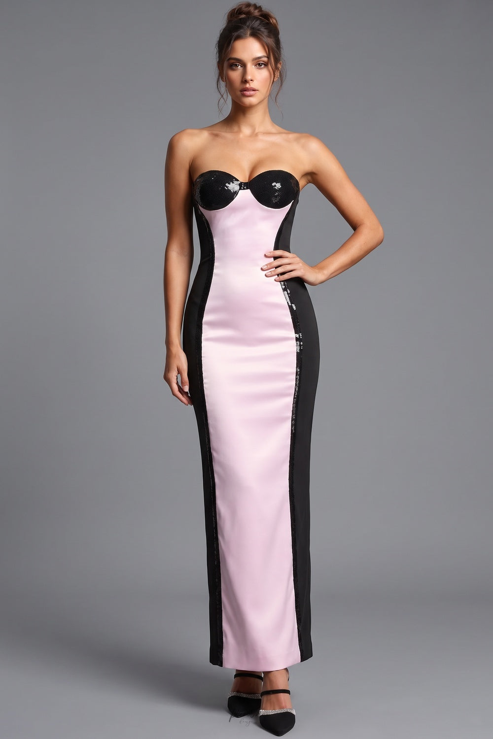 Light Pink Satin and Black Sequin Column Maxi Dress Flowering Girl