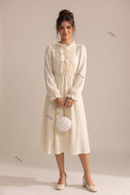 Cream A-Line Midi Dress with Bishop Sleeves and Ruffled Front Placket Flowering Girl