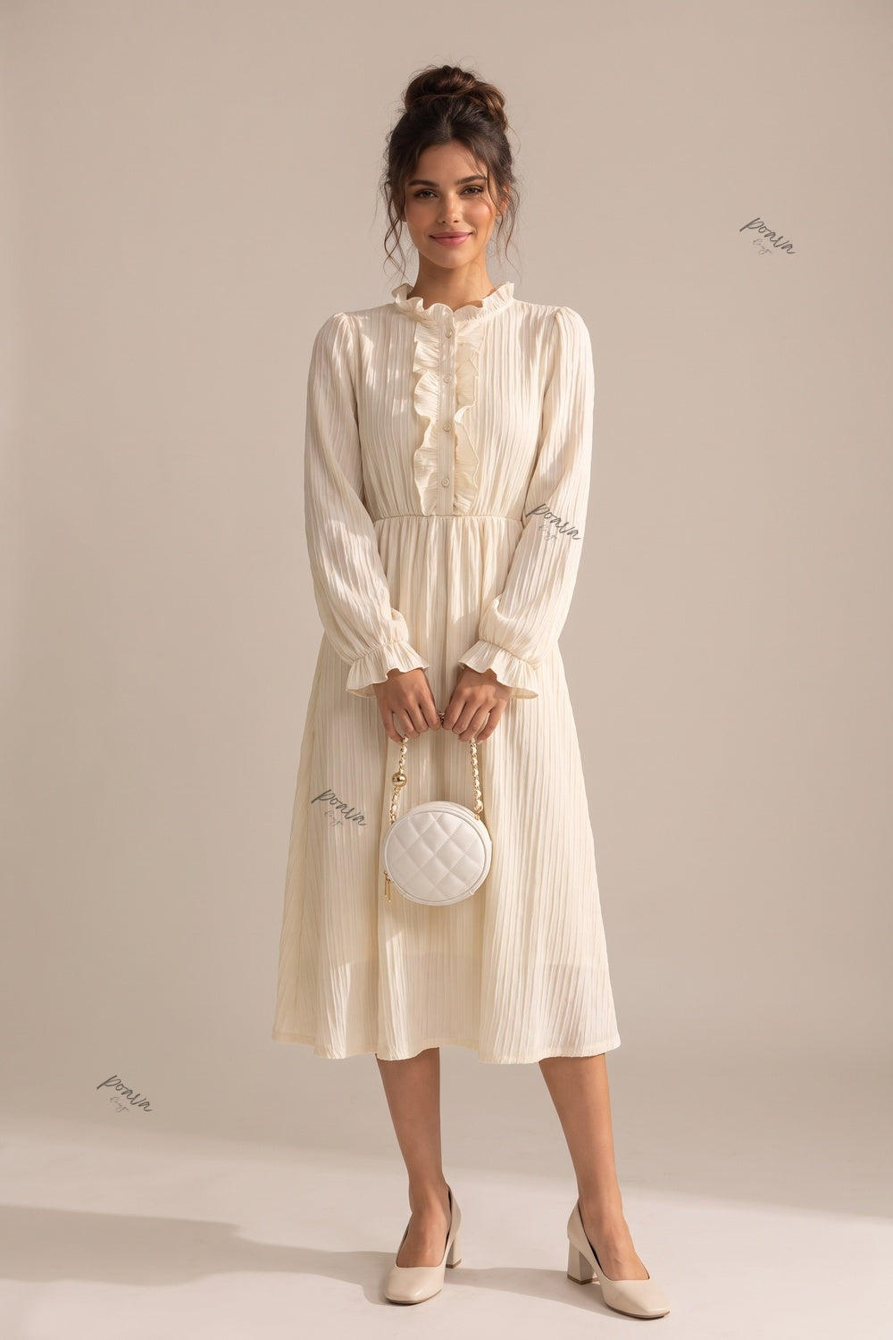 Cream A-Line Midi Dress with Bishop Sleeves and Ruffled Front Placket Flowering Girl
