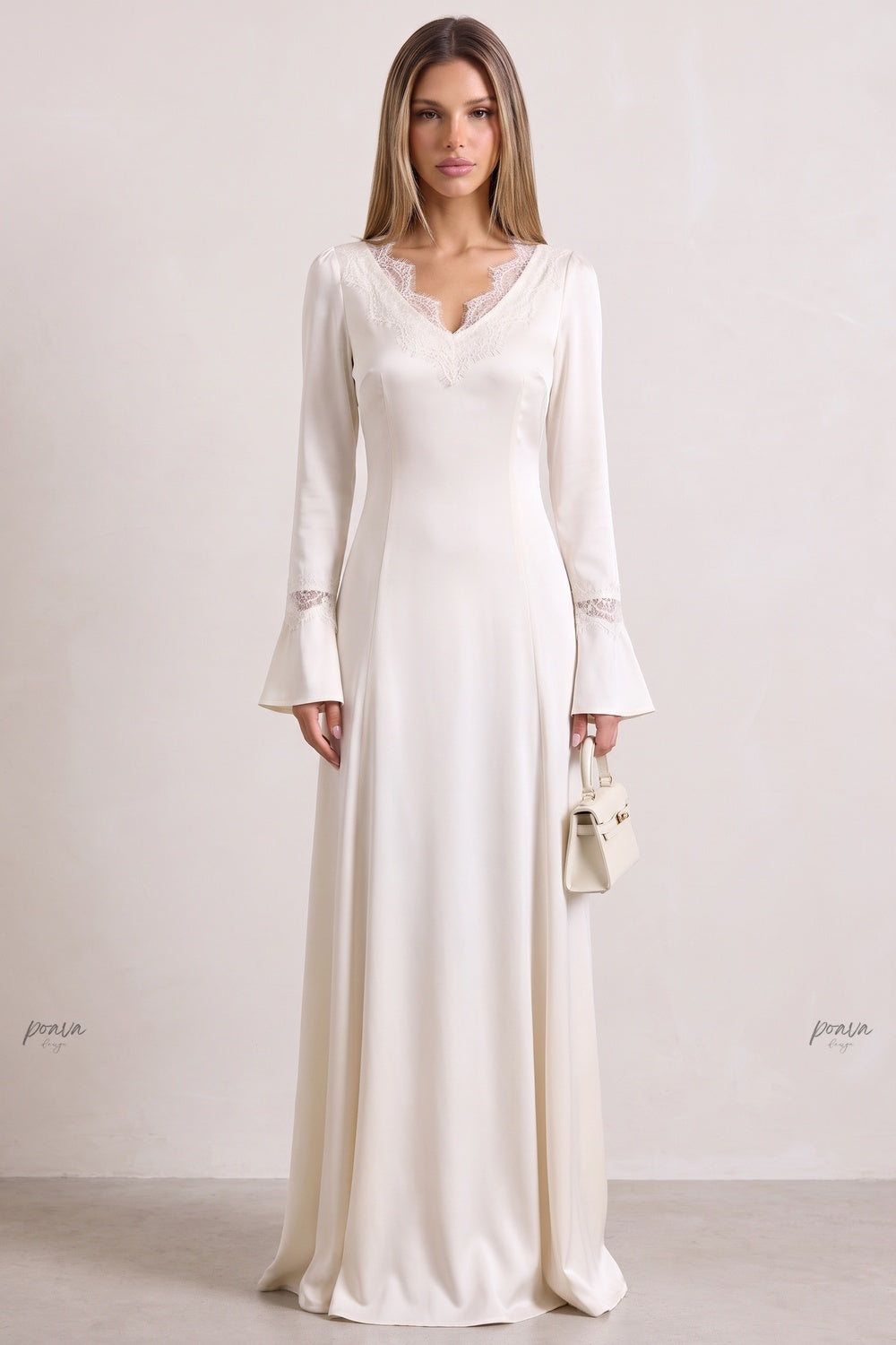 Off-White Satin A-Line Floor-Length Dress with Lace Detailing Flowering Girl
