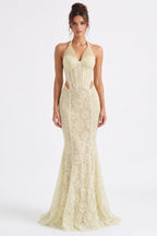 Pale Yellow Floral Lace Mermaid Gown Flowering Girl