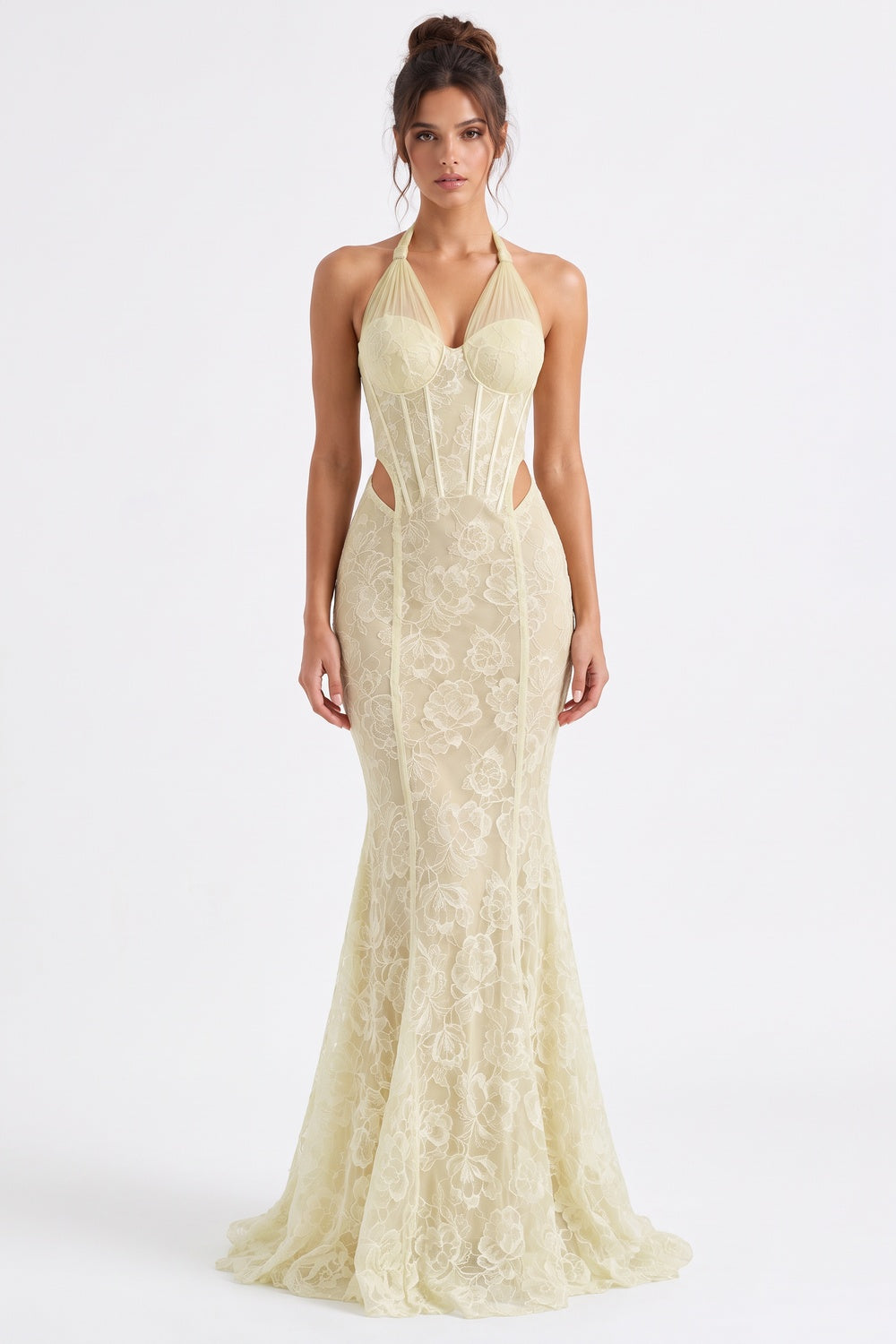 Pale Yellow Floral Lace Mermaid Gown Flowering Girl
