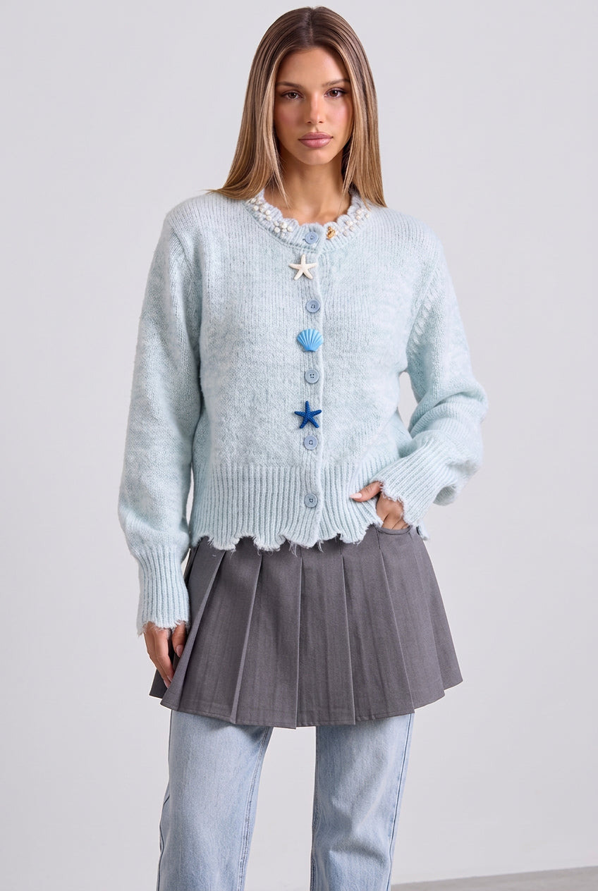 Light Blue Fuzzy Mohair-Blend Cropped Cardigan Flowering Girl