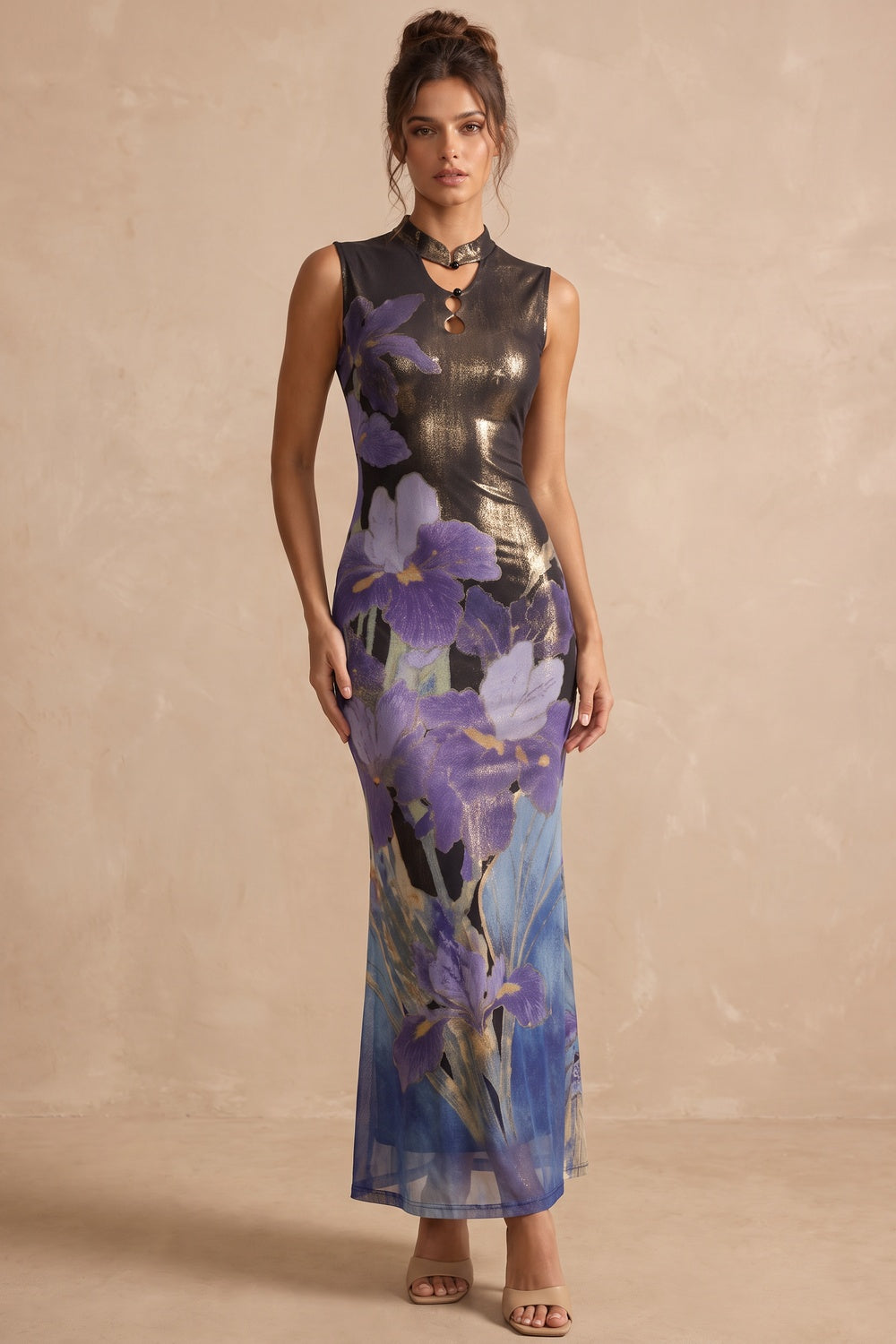 Black Printed Mesh Sheath Maxi Dress with Keyhole Neckline Flowering Girl