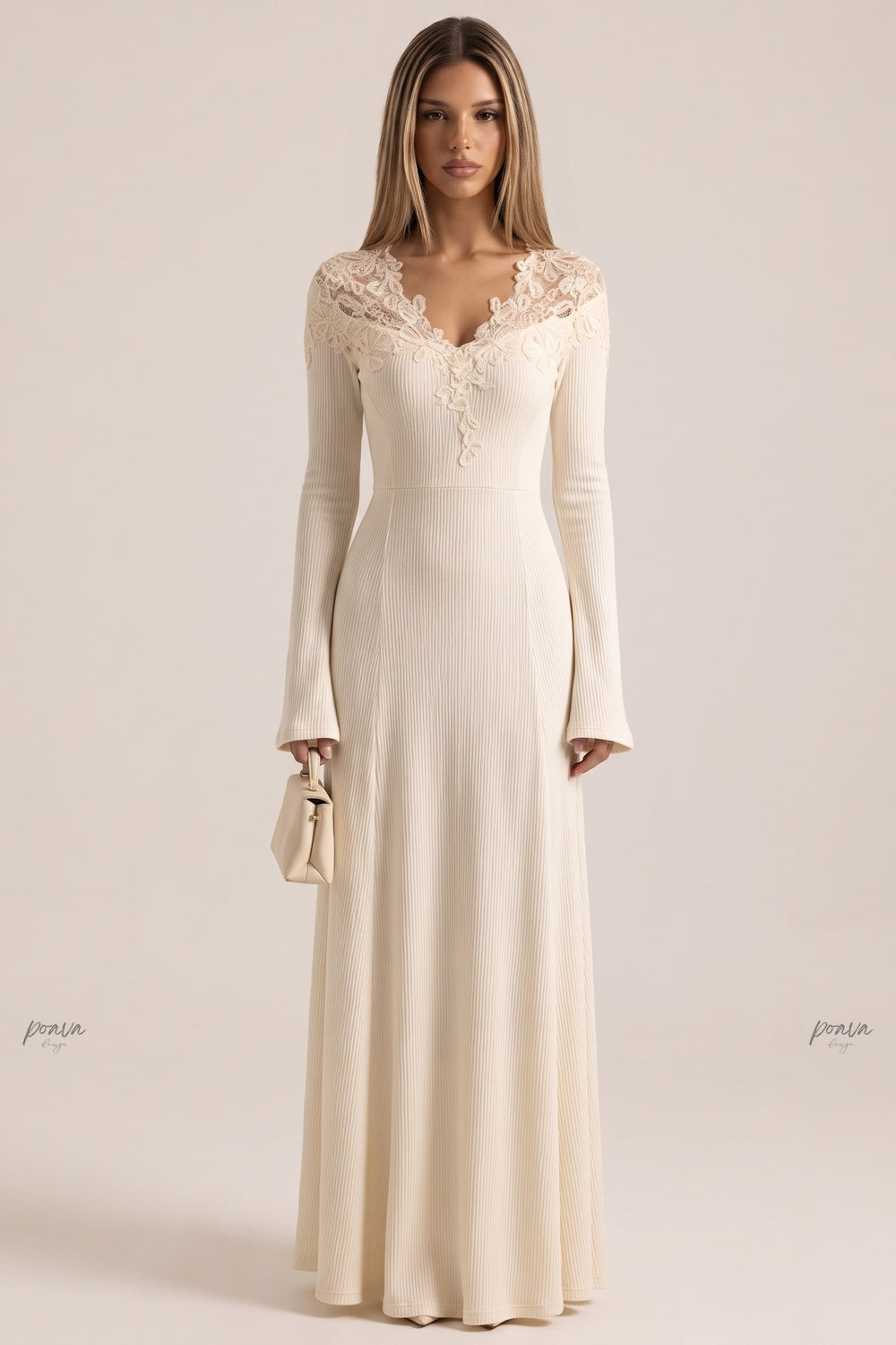 Cream Ribbed Knit Maxi Dress with Lace V-Neck Flowering Girl