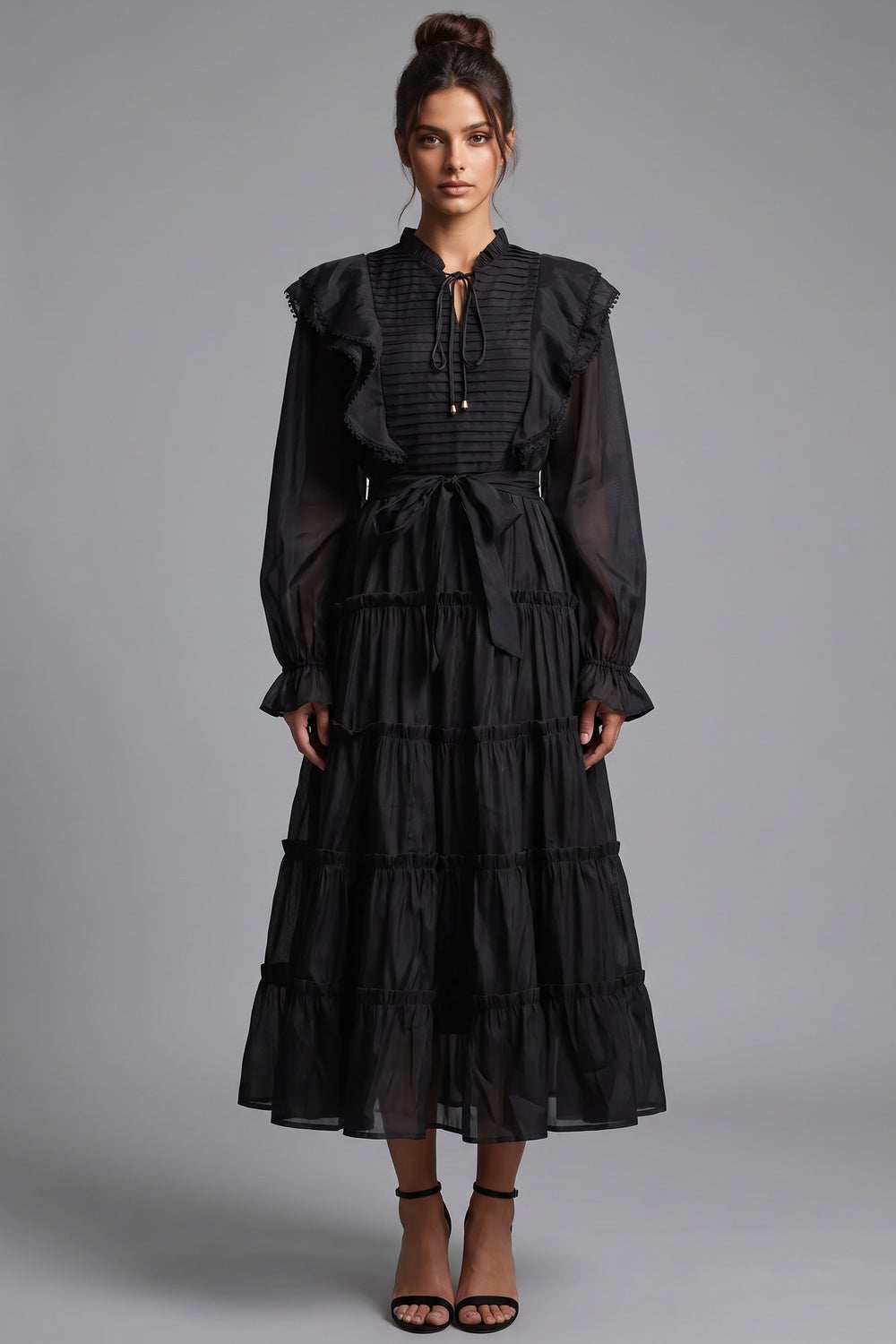 Black Tiered A-Line Midi Dress with Bishop Sleeves Flowering Girl