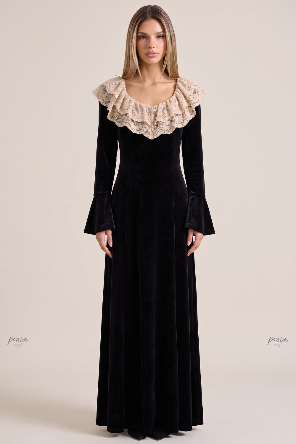 Black Velvet A-Line Maxi Dress with Lace Collar Flowering Girl