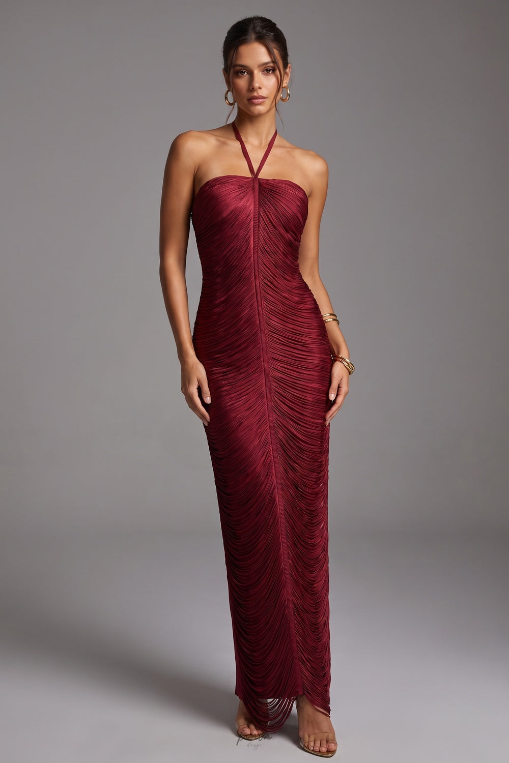 Burgundy Micro-Pleated Synthetic Column Dress Flowering Girl
