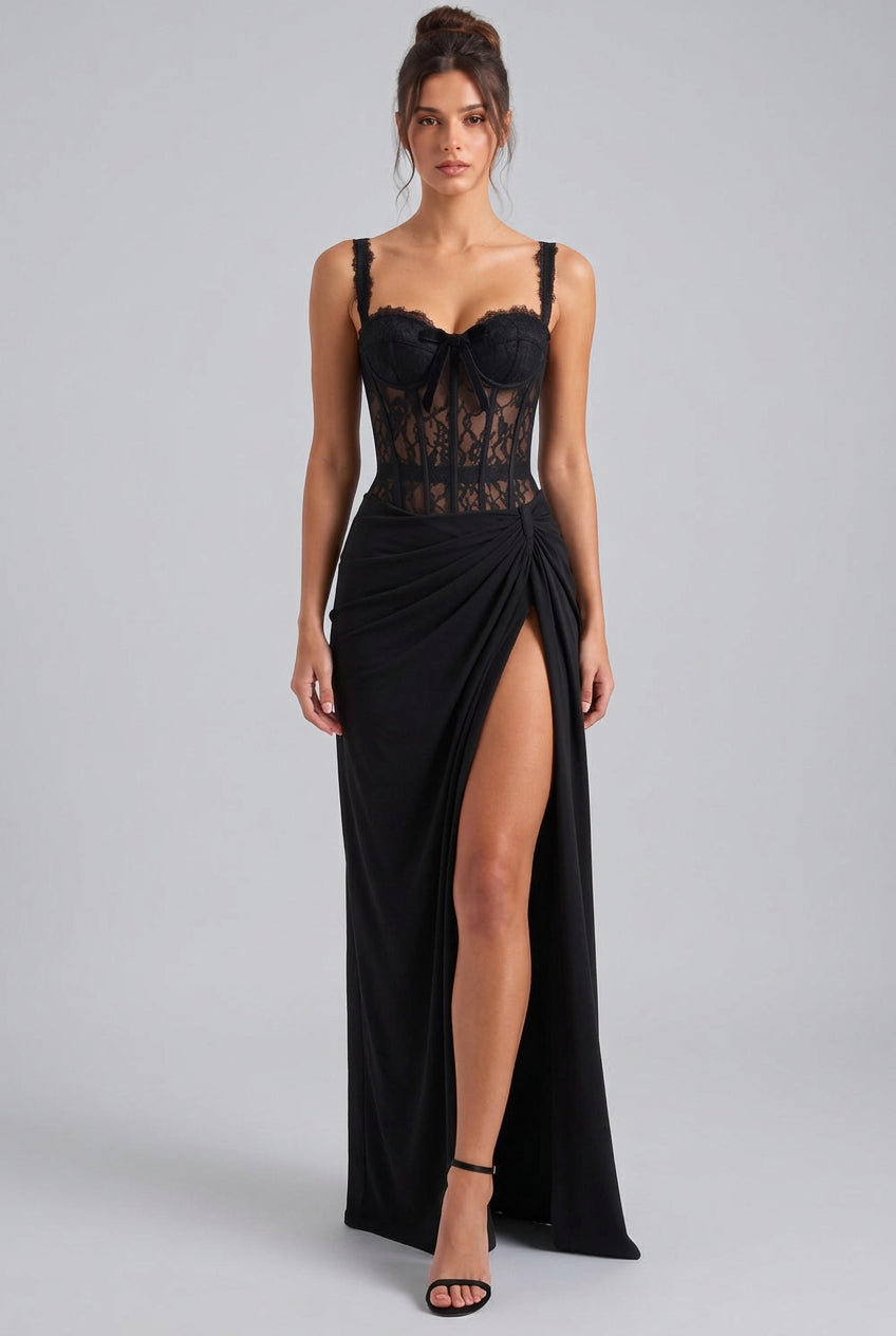 Black Lace Corset Evening Gown with High Slit Flowering Girl