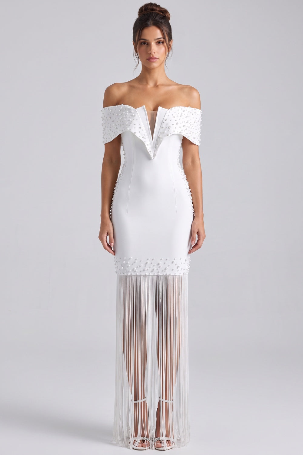 White Off-The-Shoulder Fitted Sheath Dress with Fringe and Pearl Details Flowering Girl