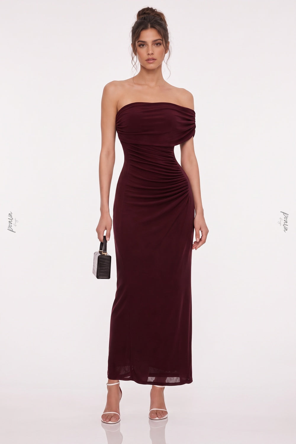 Burgundy Asymmetrical Off-The-Shoulder Ruched Column Dress Flowering Girl