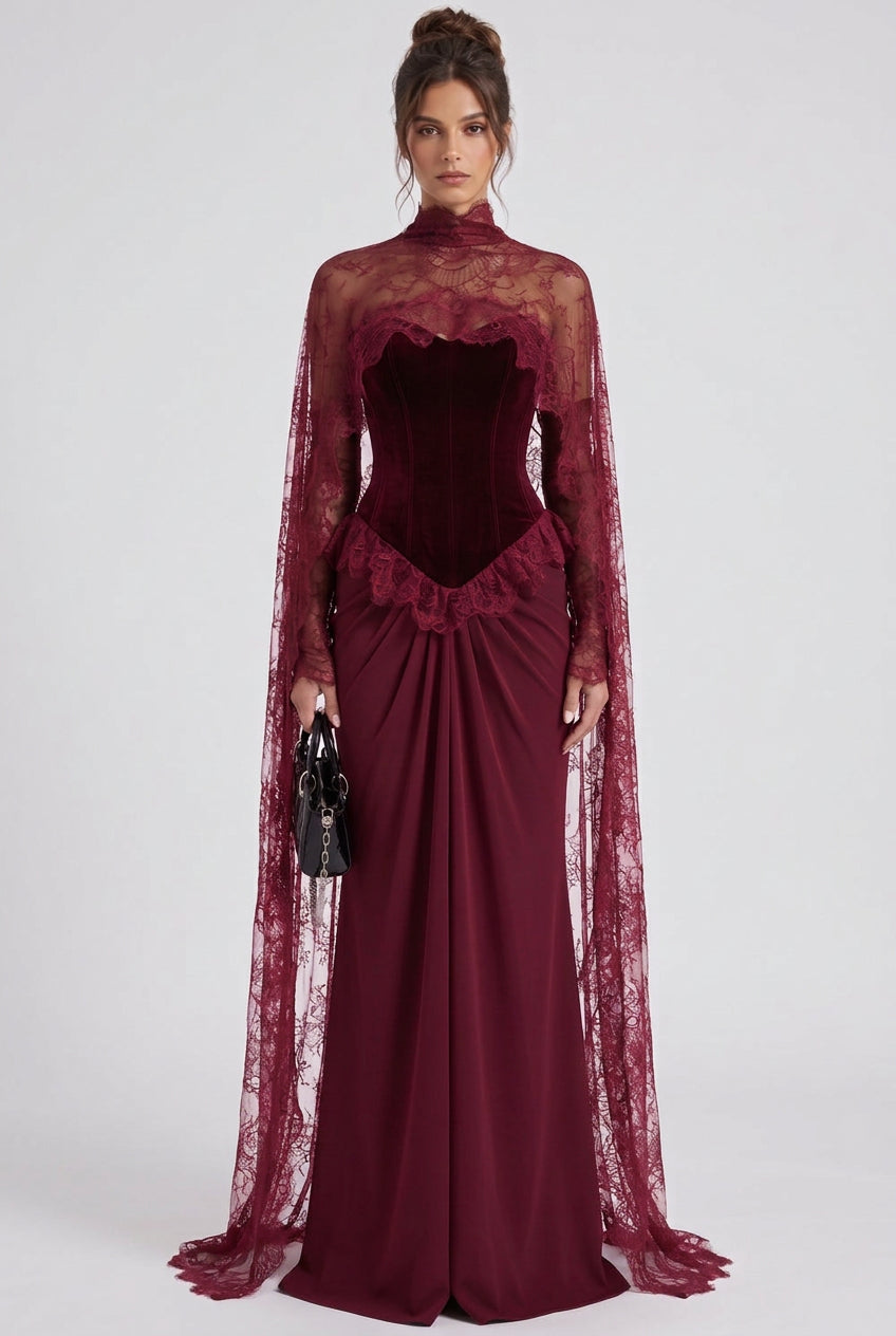 Burgundy Velvet Corset Evening Gown with Lace Cape Overlay Flowering Girl