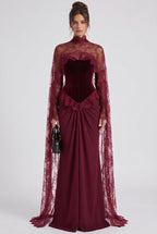 Burgundy Velvet Corset Evening Gown with Lace Cape Overlay Flowering Girl