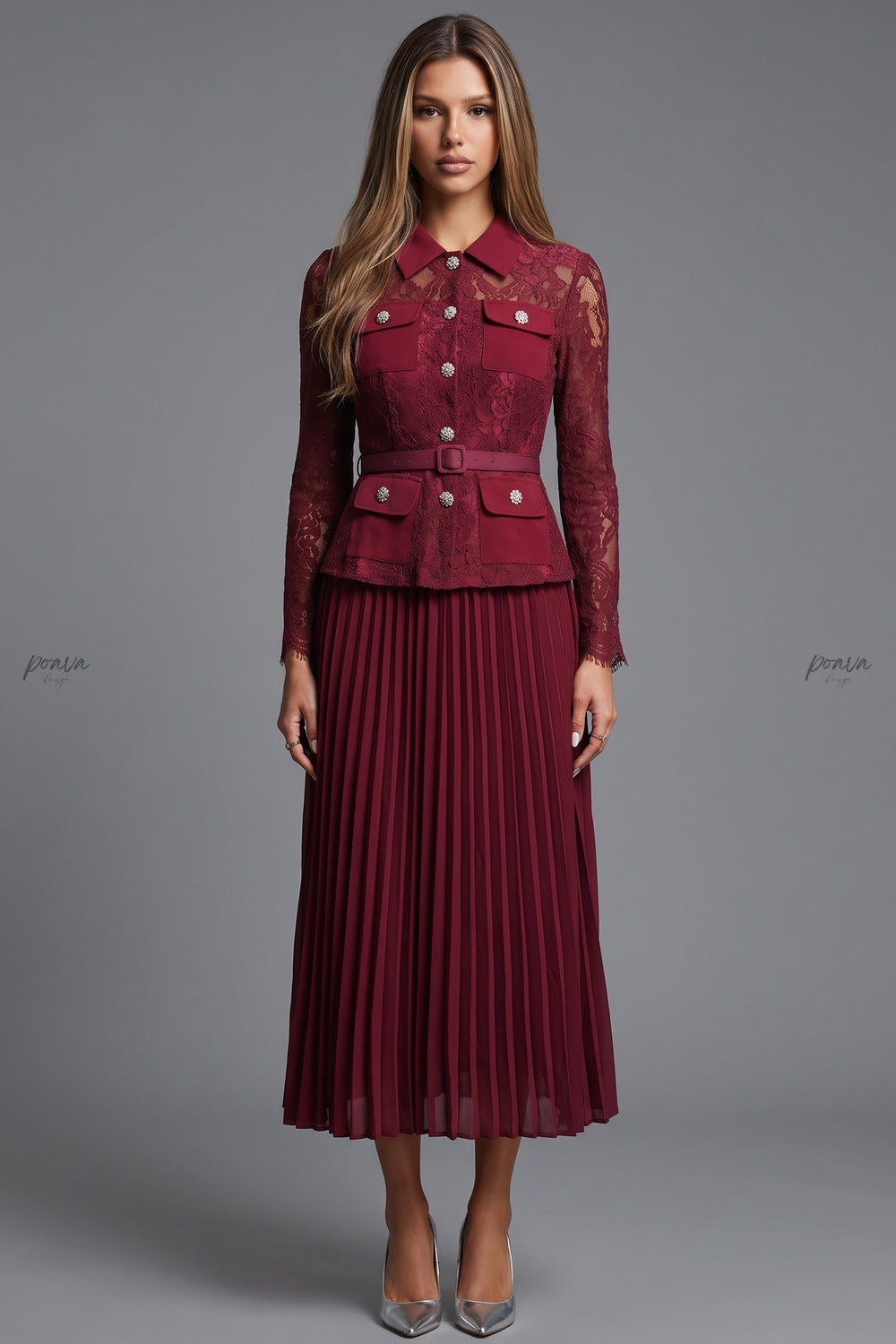 Burgundy Floral Lace Fitted Belted Jacket with Peplum and A-Line Pleated Skirt Two-Piece Set Flowering Girl