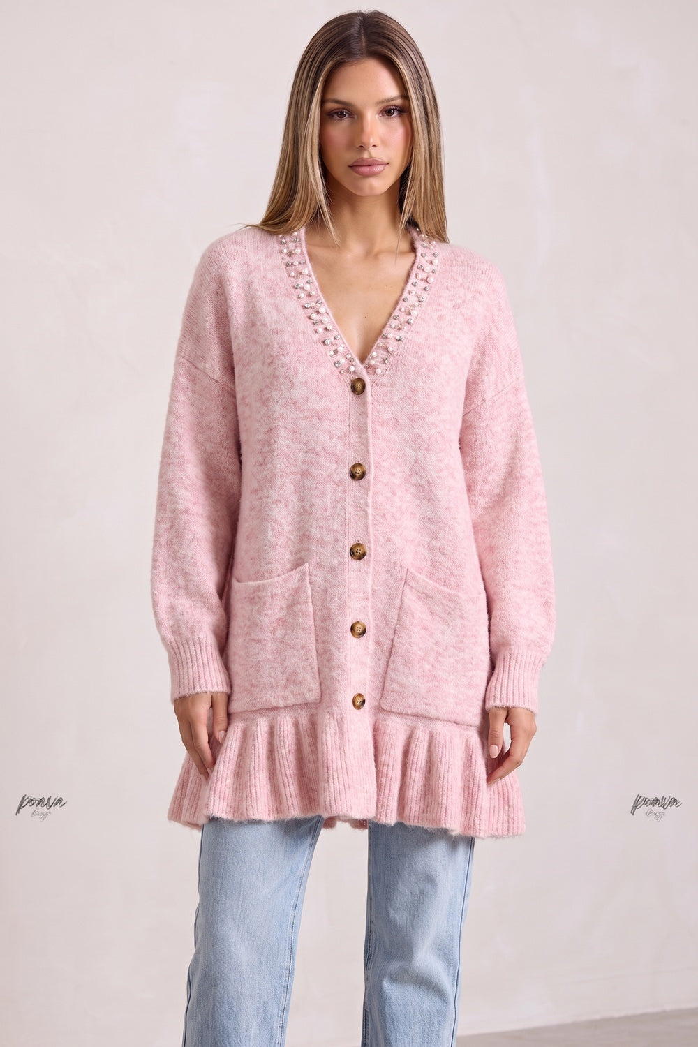 Light Pink Heathered Knit Cardigan Dress with Ruffled Hem Flowering Girl