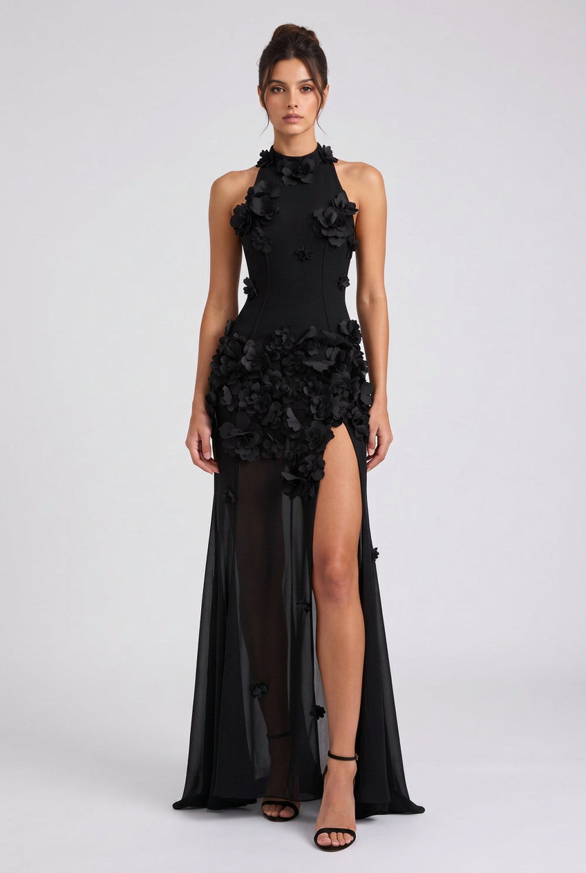 Black Crepe Fitted Bodice with Flowing Sheer Skirt Gown Flowering Girl
