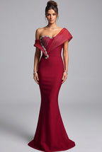Deep Red Structured Crepe Mermaid Evening Gown with Silver Beaded Asymmetrical Bodice Flowering Girl