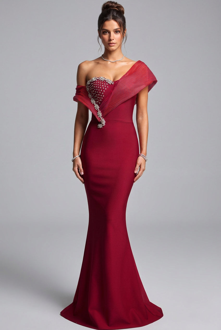 Deep Red Structured Crepe Mermaid Evening Gown with Silver Beaded Asymmetrical Bodice Flowering Girl