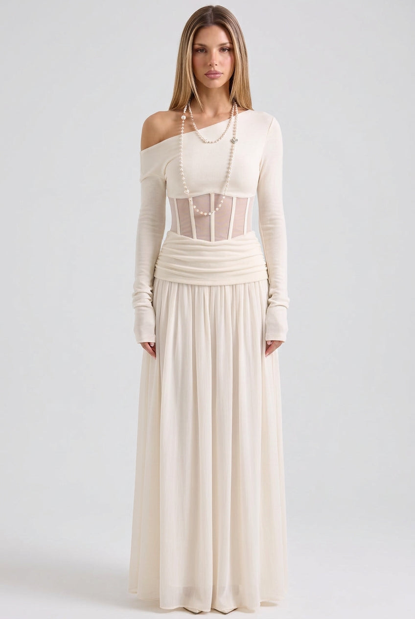 Cream Asymmetrical Off-The-Shoulder Maxi Dress with Sheer Corset Waist Flowering Girl