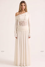 Cream Asymmetrical Off-The-Shoulder Maxi Dress with Sheer Corset Waist Flowering Girl