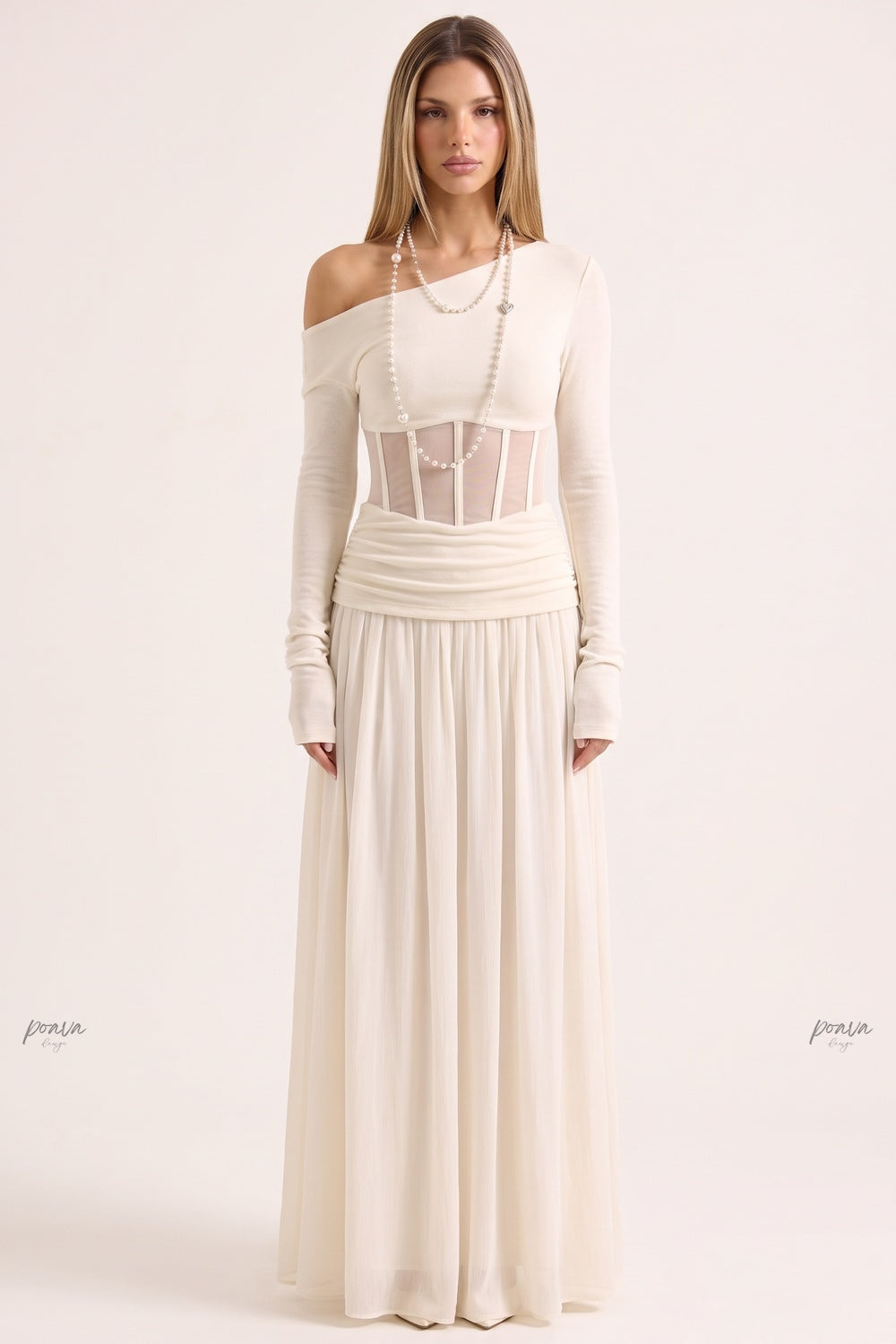 Cream Asymmetrical Off-The-Shoulder Maxi Dress with Sheer Corset Waist Flowering Girl
